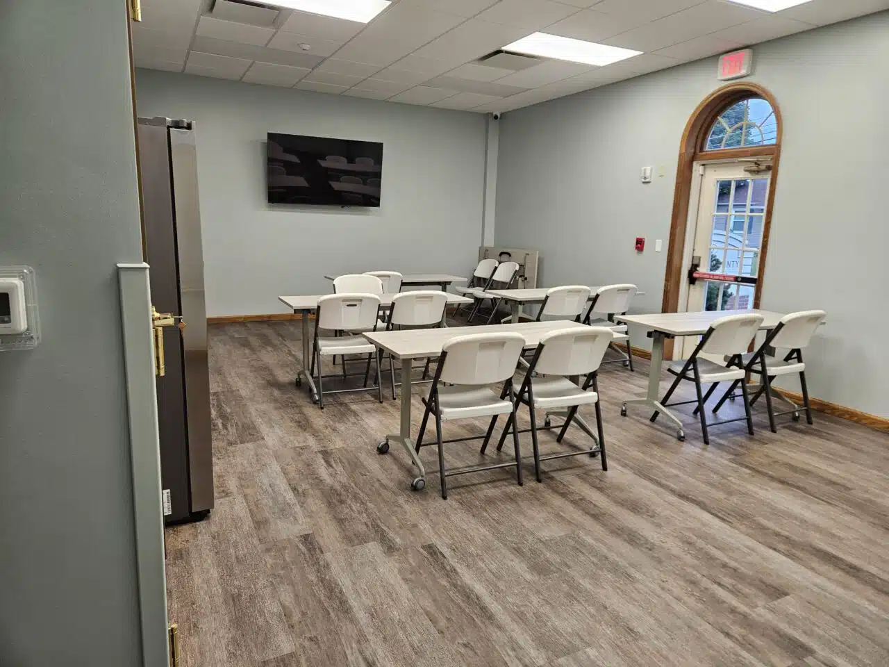 Reservable Community room with kitchenette inside the library for use during and after normal library hours
